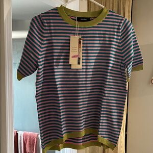 Zara Pink and Blue Striped Tee with Green Trim